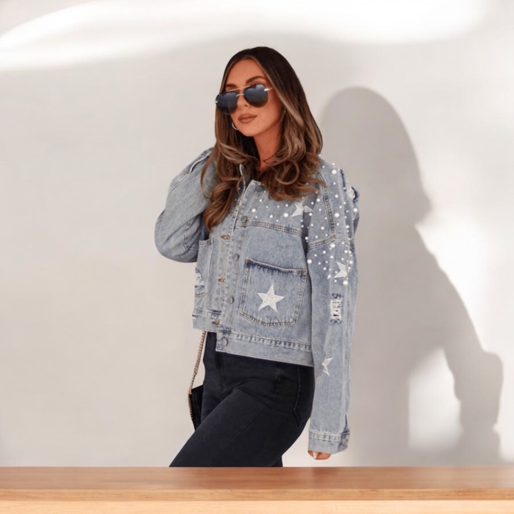 Sky Blue Distressed Pearls Star Cropped Denim Jacket